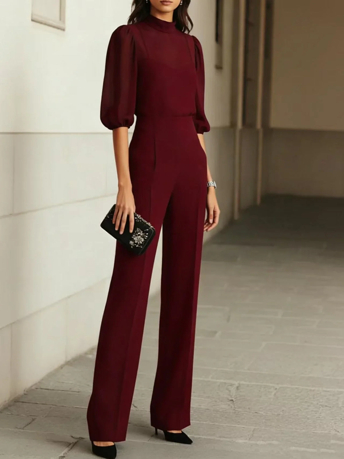 Emma elegant 3-piece set in red, full-length front view