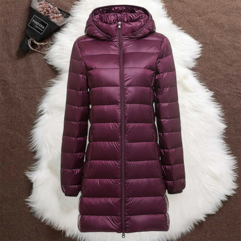 Helsa long padded jacket in purple, flat product view showing zip and hood