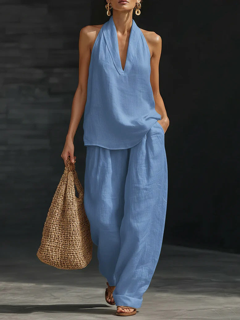 Noreen halter wide-leg set in light blue, full-length front view