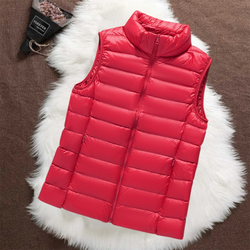 Isa padded gilet in red, front view with stand-up collar and zip