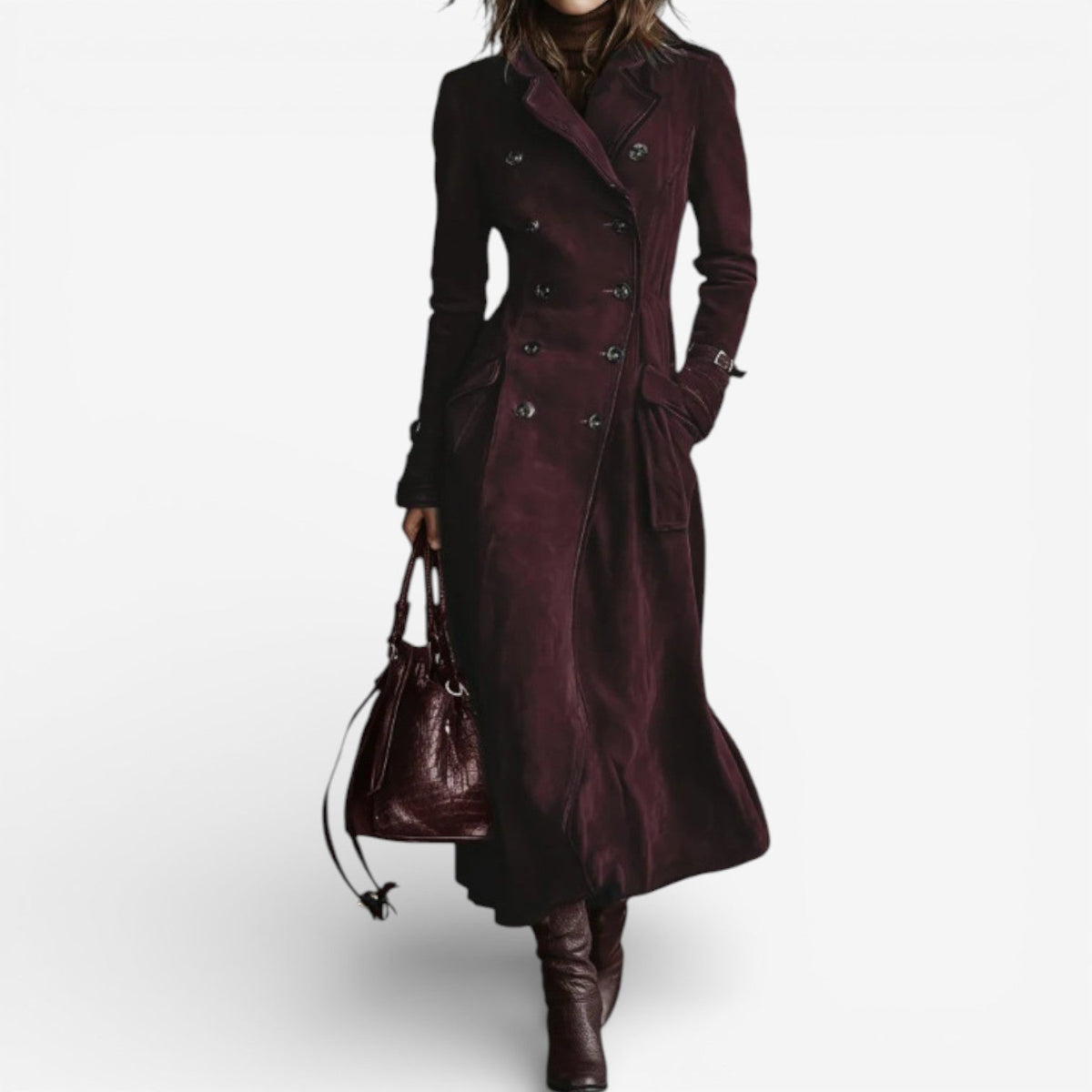 Nathaly long trench coat in maroon, full-length front view