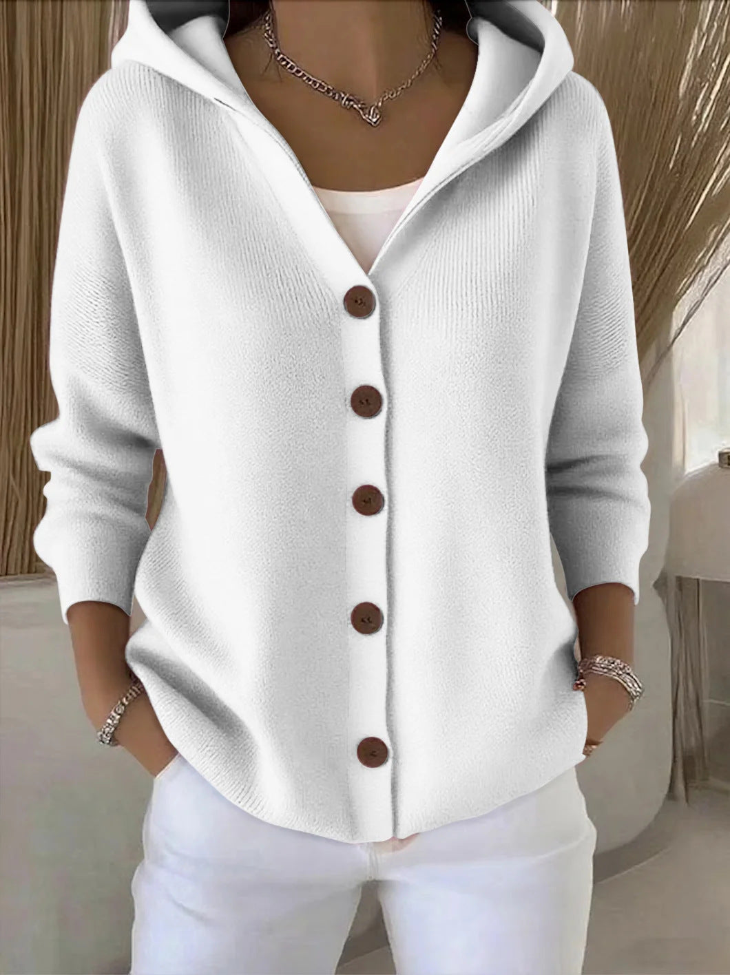 Rocío hooded knit cardigan in white, front view
