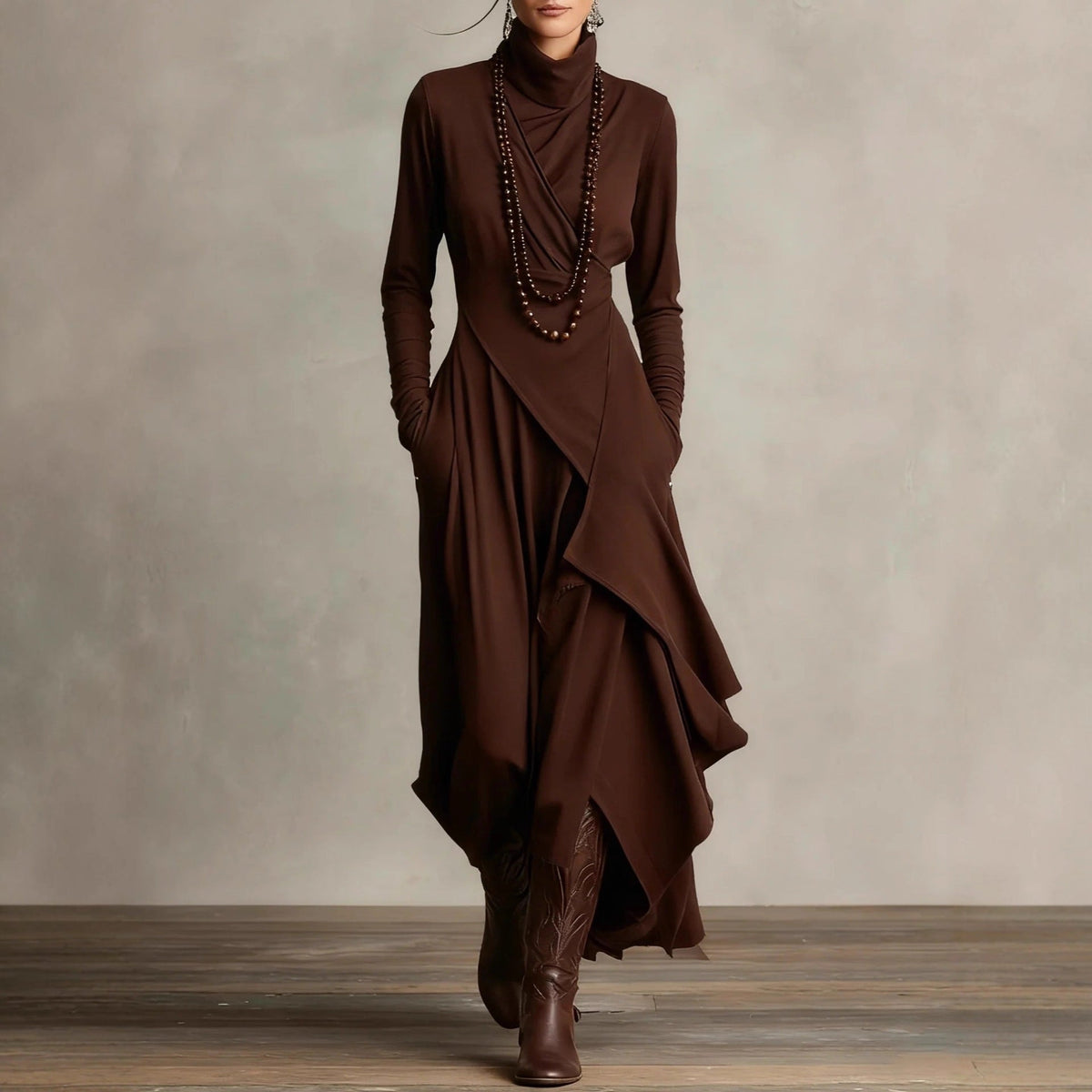 Natalia knit maxi dress in brown, full-length front view