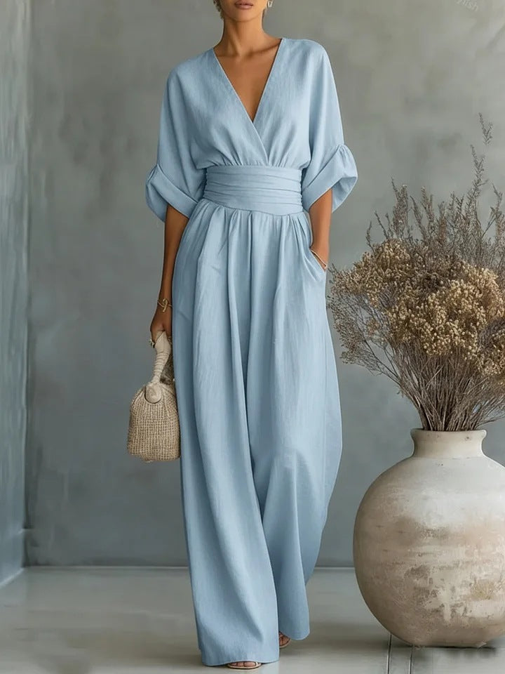 Sofia V-neck jumpsuit in powder blue, full-length front view