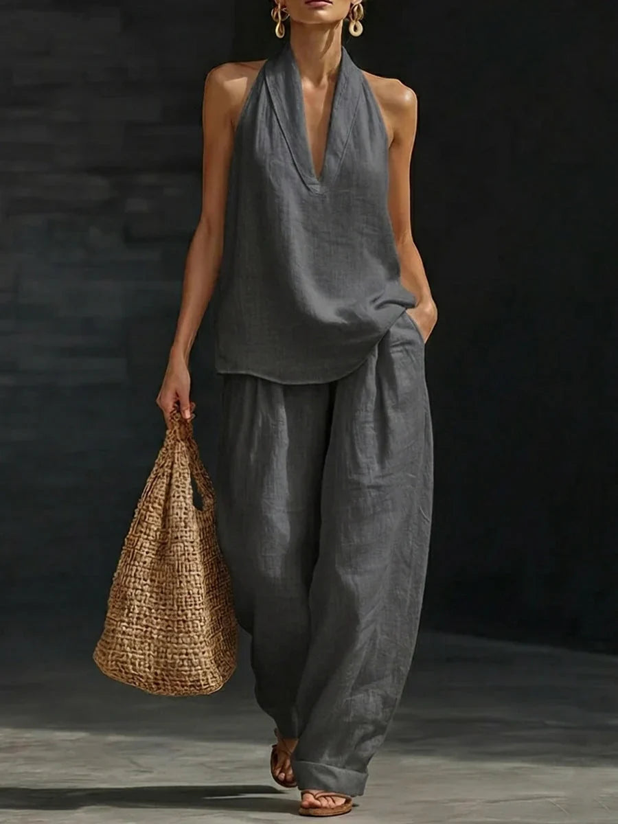 Zoë sleeveless top and wide-leg trousers set in grey, full-length front view