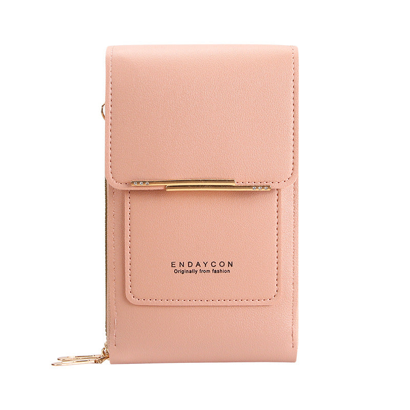 Eliza touch screen phone bag in pale pink, straight-on product view