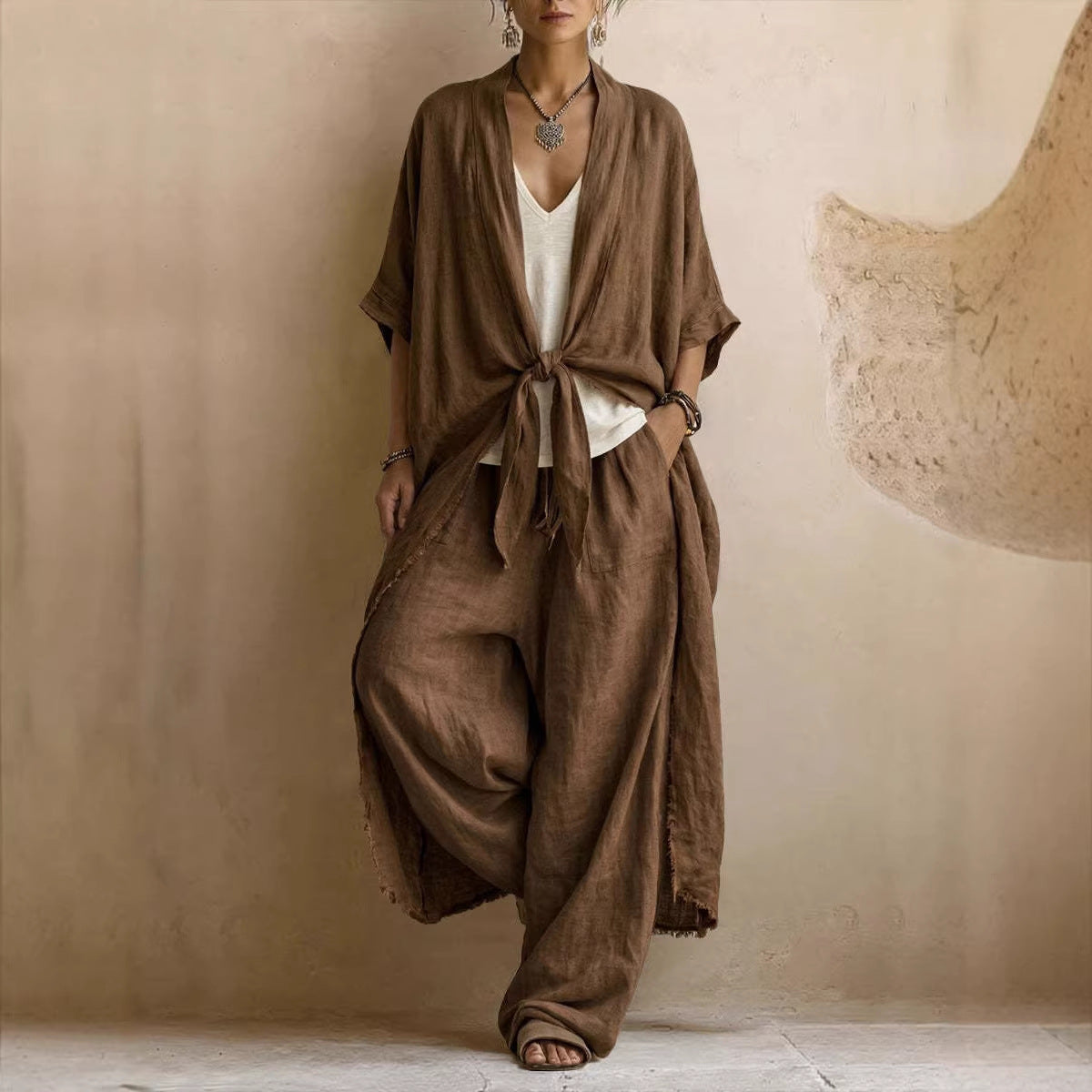 Oversized kimono and wide-leg trouser set in brown, full-length front view