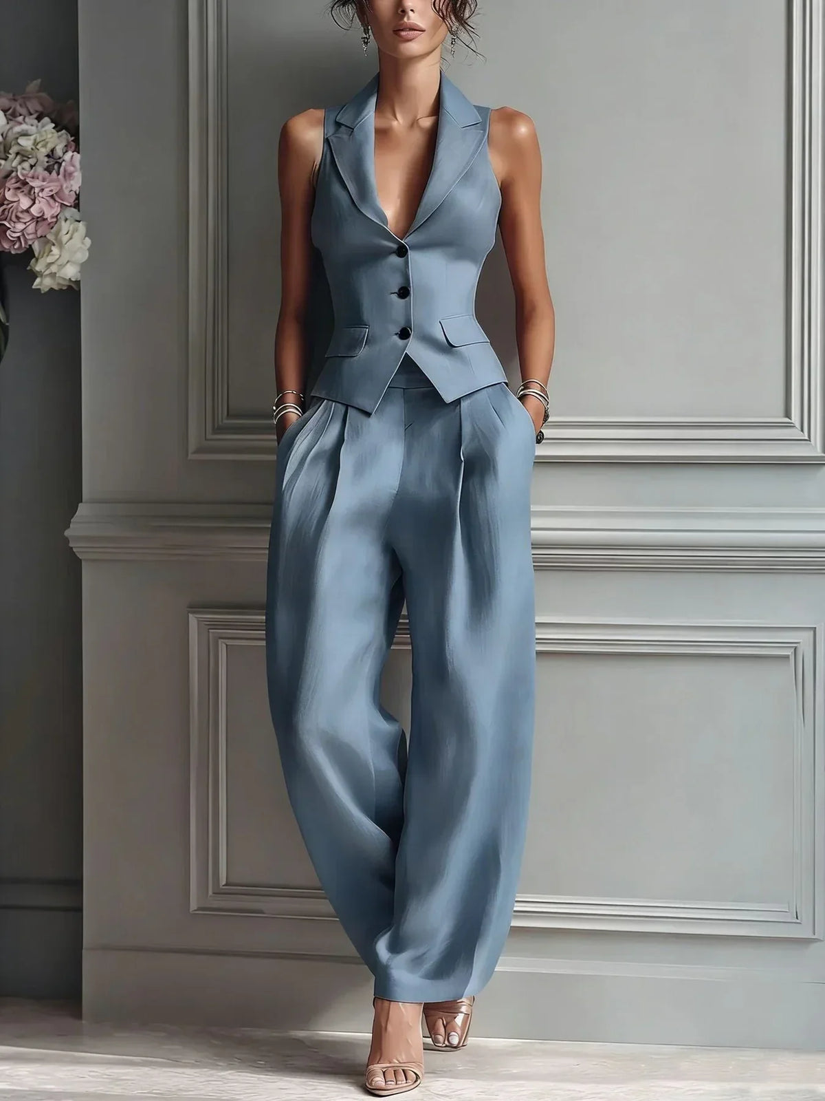 Star buttoned two-piece set in light blue, full-length front view