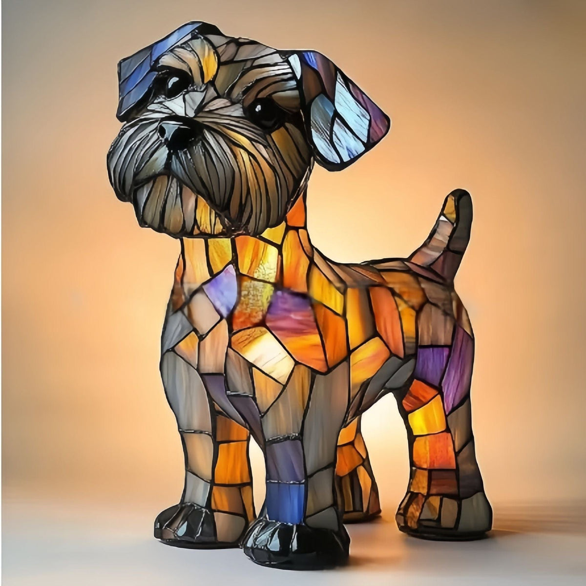 Brave Terrier glow lamp in amber, purple and grey stained-glass effect, side view