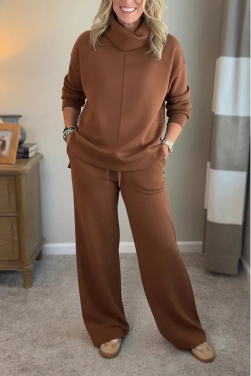Corinne two-piece set in brown, full-length front view