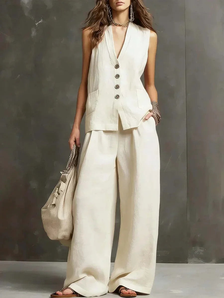 Irina two-piece vest and wide-leg trouser set in white, full-length front view
