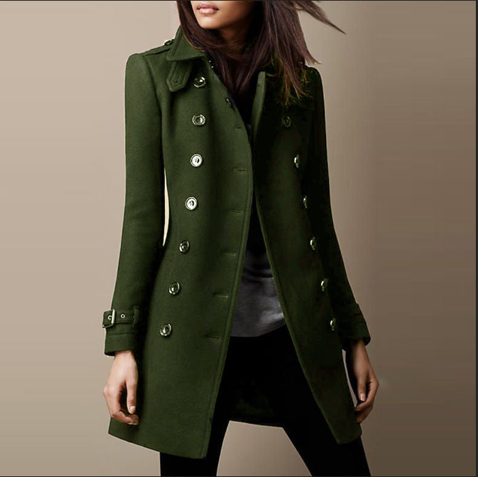 Maude structured double-breasted coat in green, front view on model