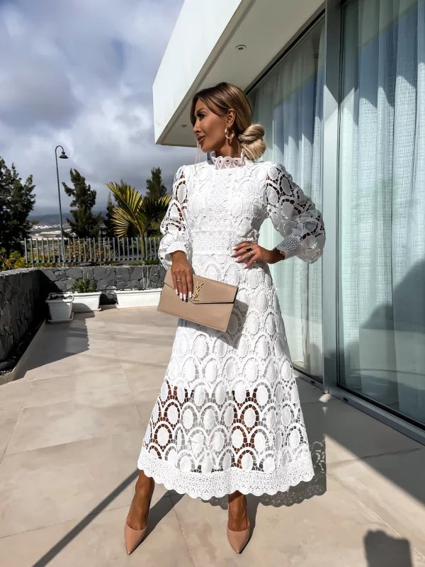 Liza romantic lace dress in white, full-length view outdoors