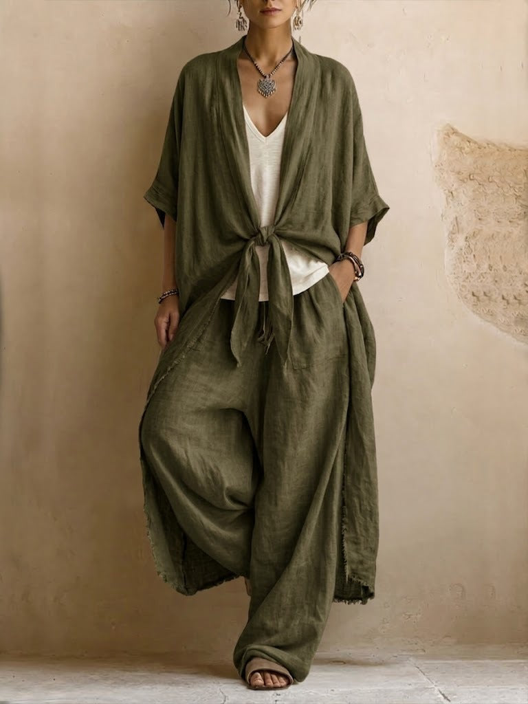 Olive green kimono set worn with side pocket detail visible