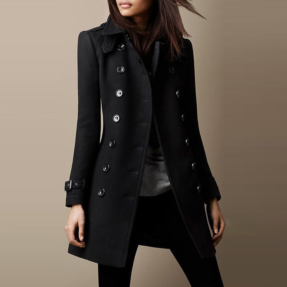 Maude structured double-breasted coat in black, front view on model