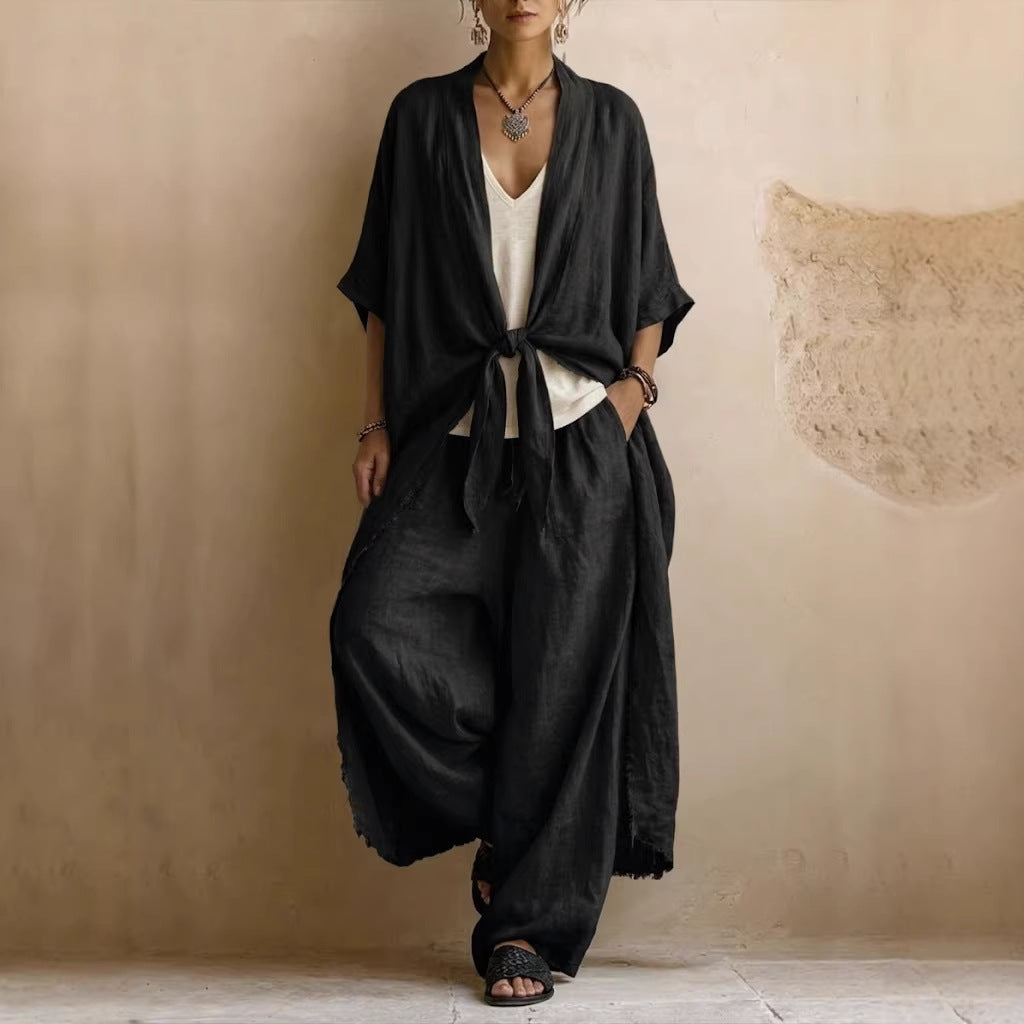 Oversized kimono and wide-leg trouser set in black, full-length front view