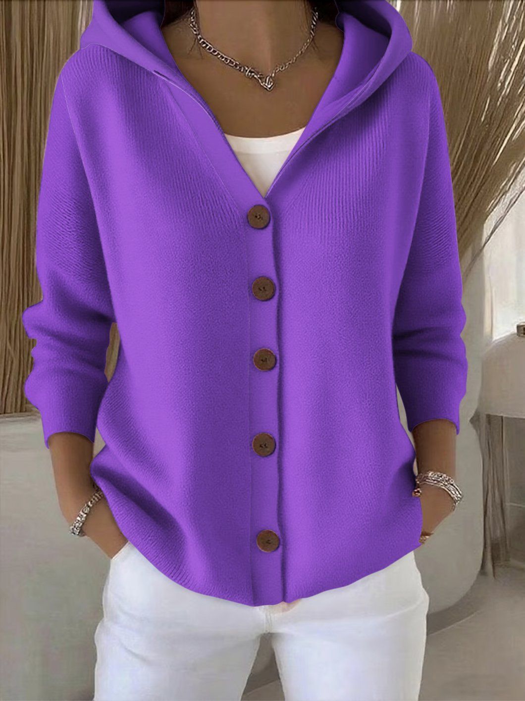 Rocío hooded knit cardigan in purple, front view