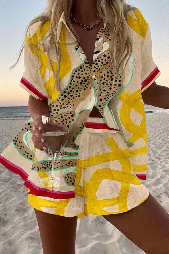 Savanna summer co-ord set in yellow abstract print, shirt and shorts front view