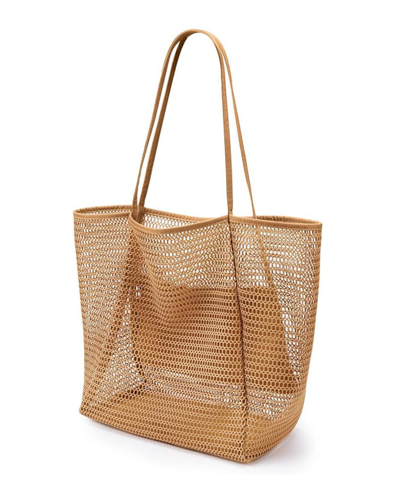 Boho mesh beach tote bag in khaki, three-quarter view showing open top