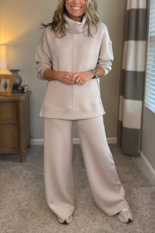 Corinne two-piece set in beige, full-length front view