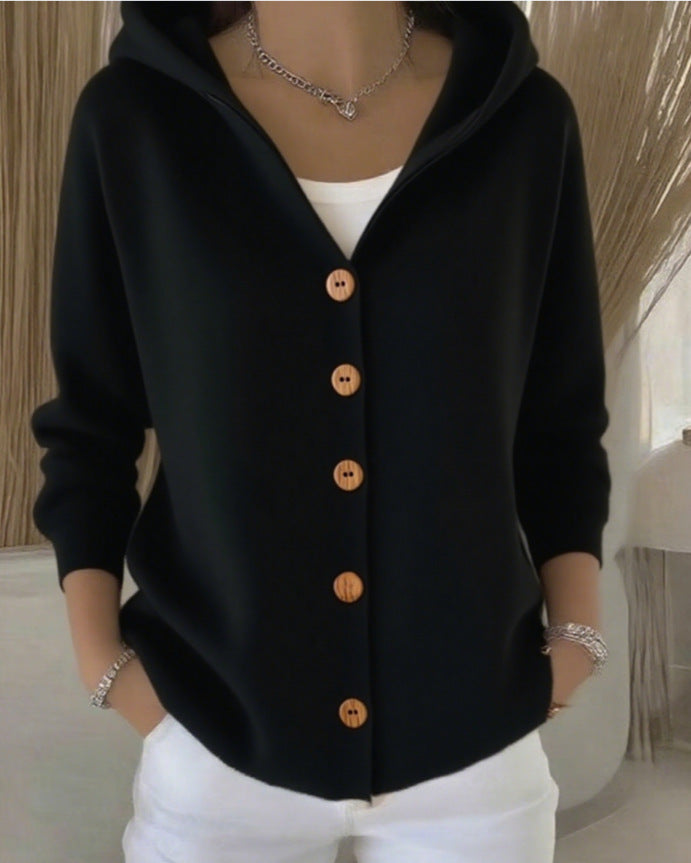 Rocío hooded knit cardigan in black, front view