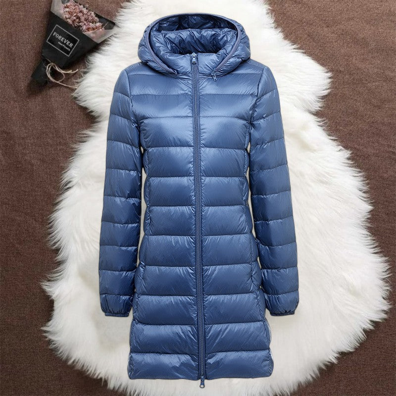 Helsa long padded jacket in indigo with hood, flat product view