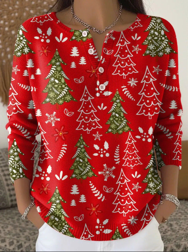 Madison festive sweater in festive red with tree and snowflake print, front view