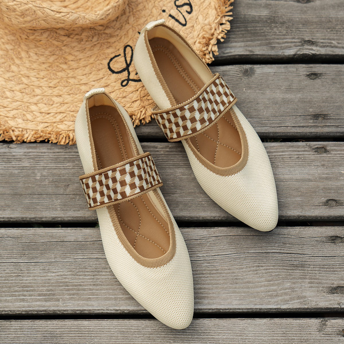 Ilyana patterned ballet flats in beige, top-down product view