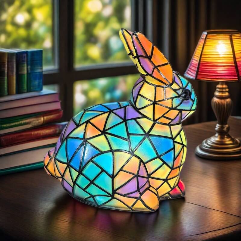 Stained-glass rabbit lamp in multicoloured mosaic glass, lit on a wooden table