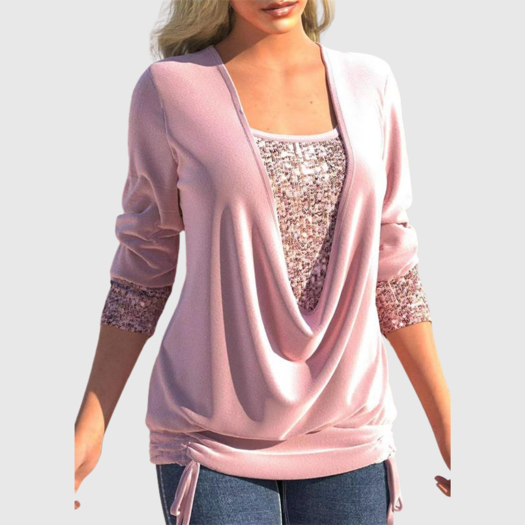 Odeline sequin layer blouse in pink, front view with side ties