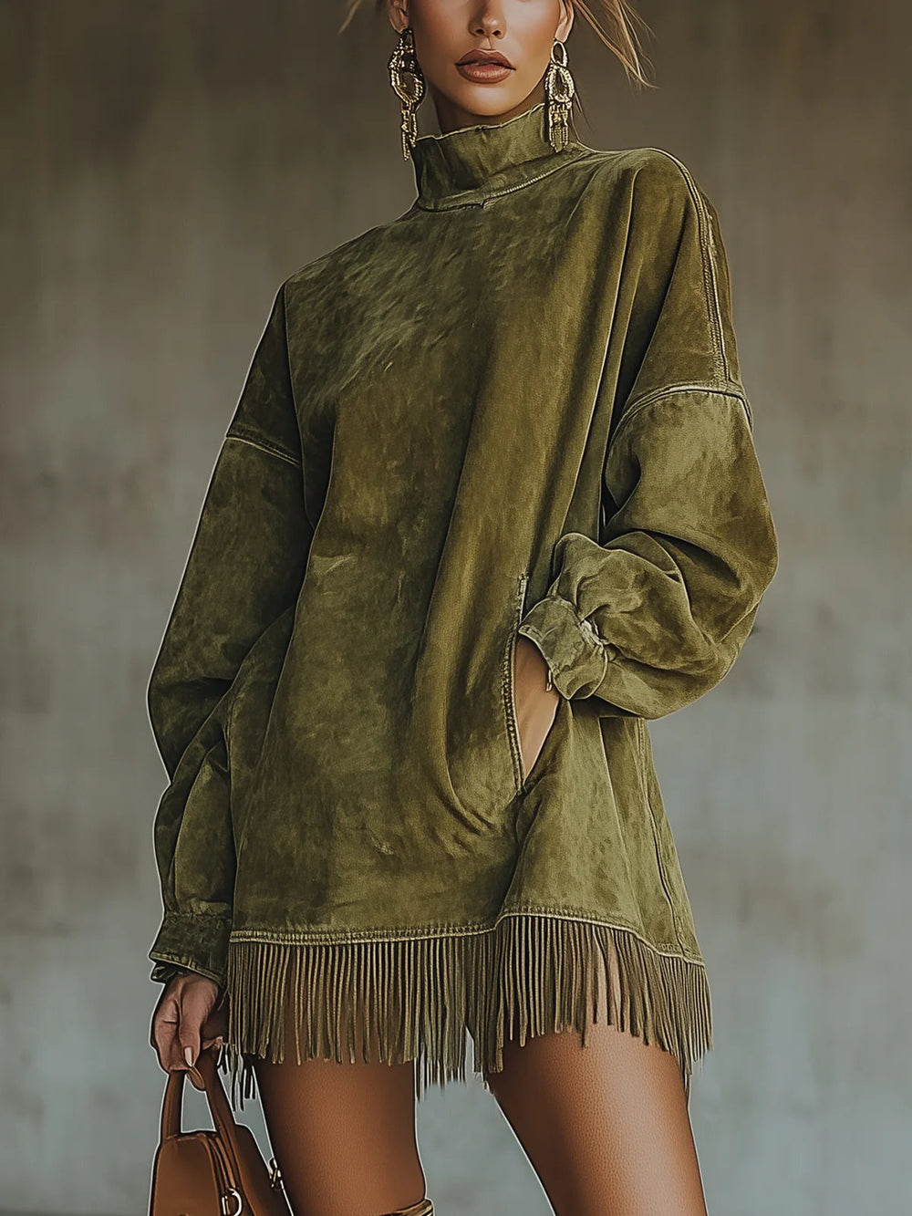 Lavinia turtleneck fringe mini dress in green, front view