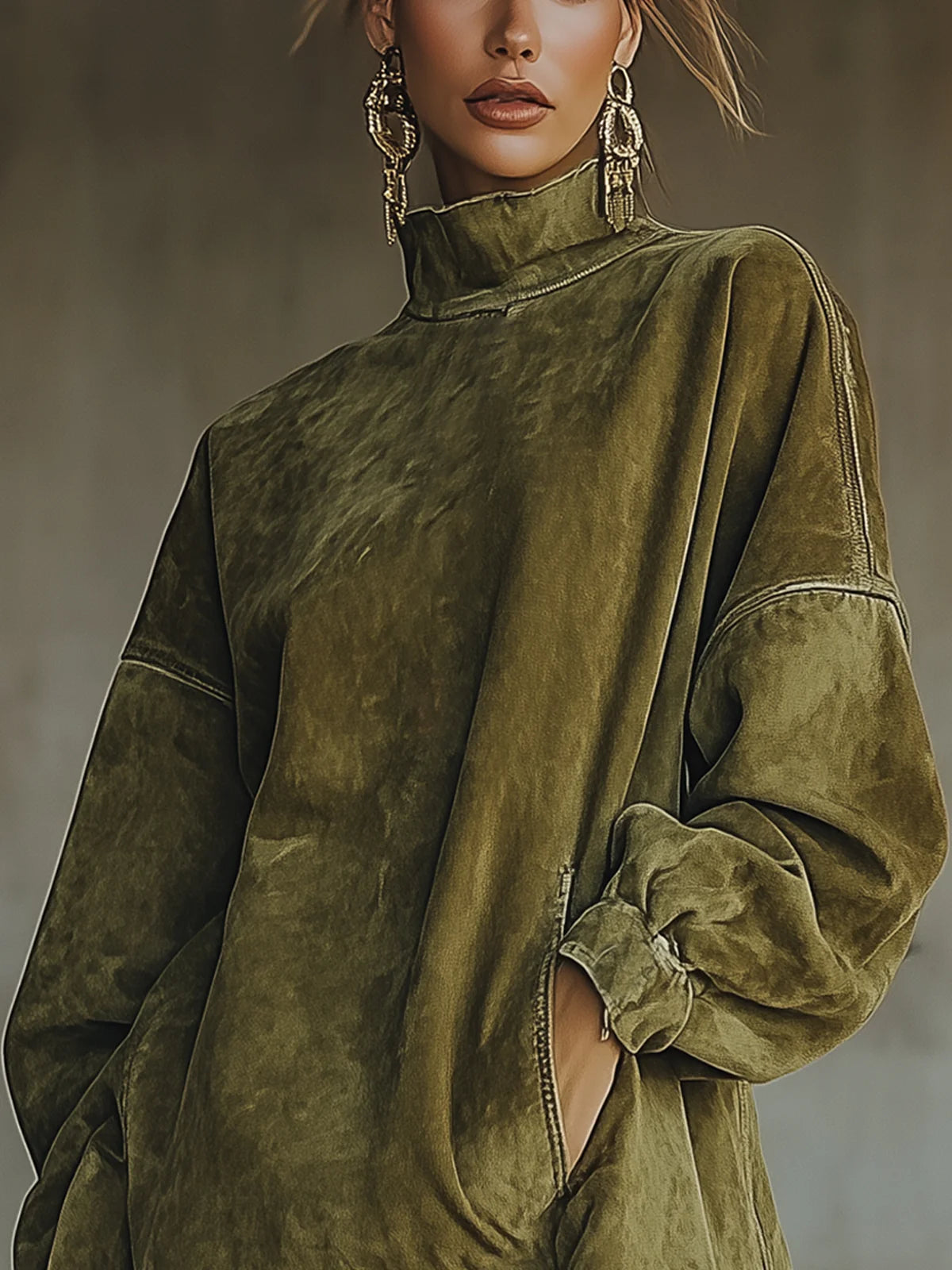Sheril fringe dress in green, close-up of turtleneck collar and shoulder seams
