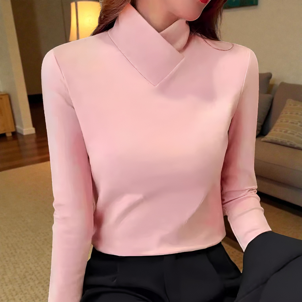 Lynova turtleneck sweater in pink, front view with folded collar