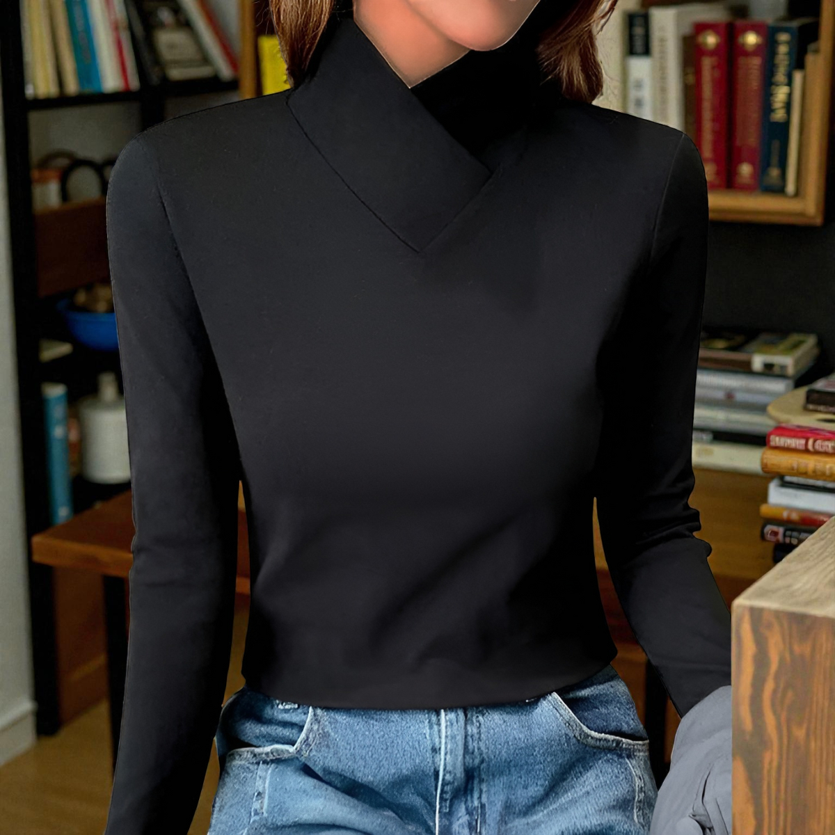 Lynova turtleneck sweater in black, front view on model