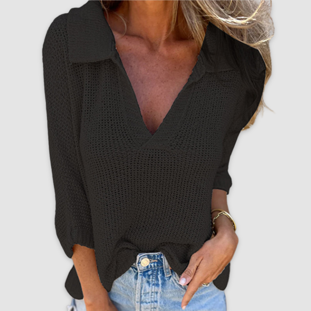 Lucy knitted V-neck top in black, front close-up view