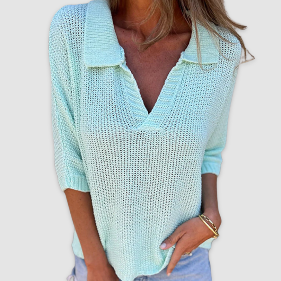 Lucy knitted V-neck top in light blue, front close-up view