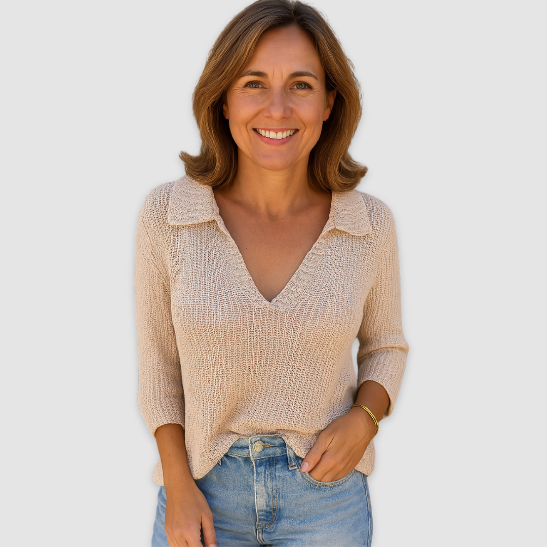 Lucy knitted V-neck top in beige, front view worn with jeans