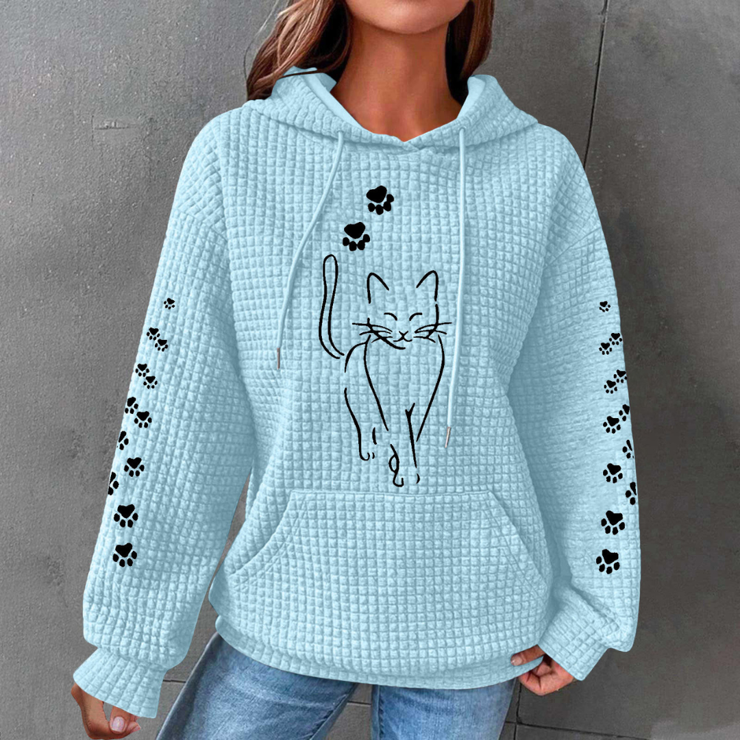 Savannah cat print hoodie in light blue, front view