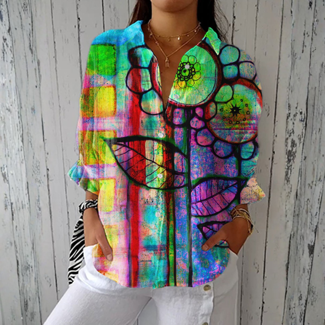 Bernadette artistic floral blouse in multicolour, front view worn with white trousers