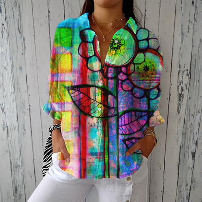 Bernadette artistic floral blouse in multicolour, front view worn with white trousers
