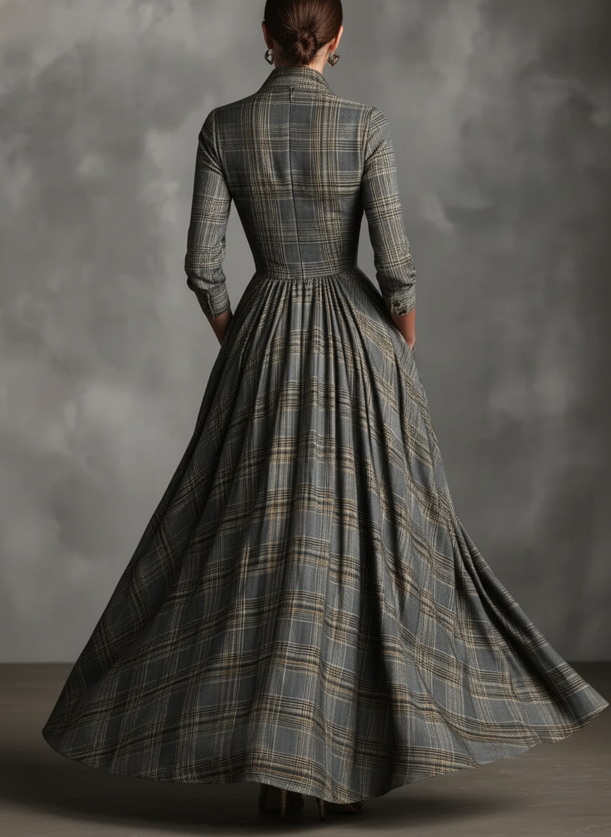 Audrey vintage dress in grey check, full-length back view