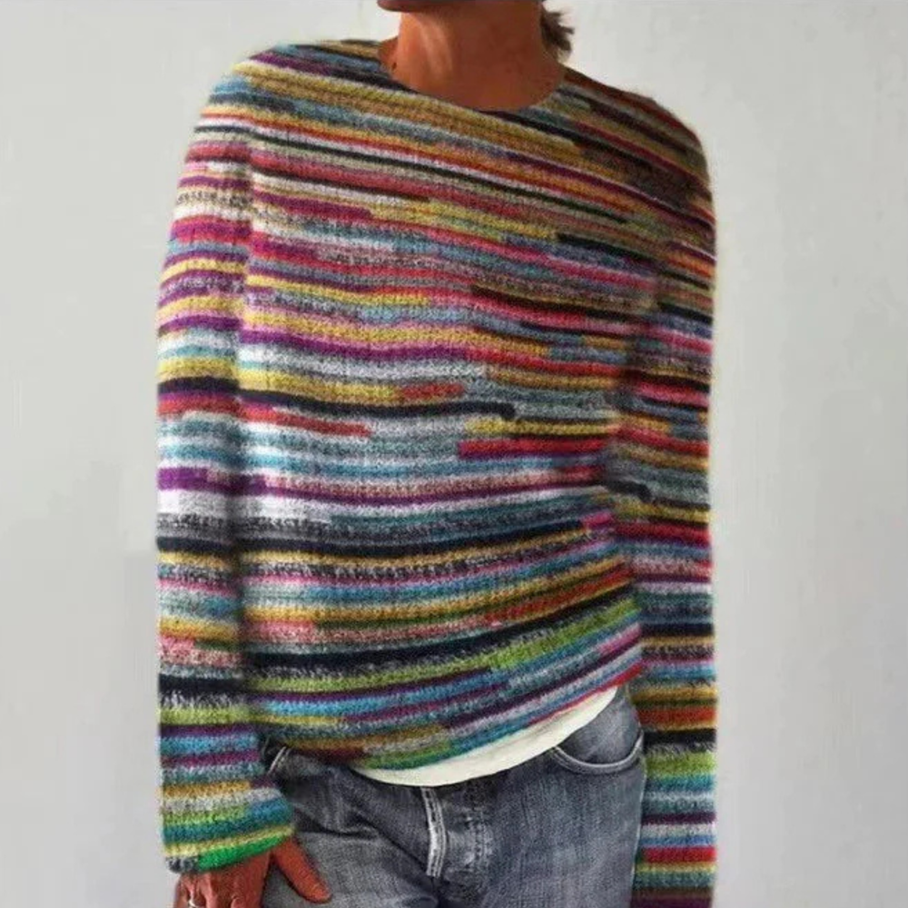 Sophie retro knitted sweater in multicoloured stripes, front view worn with jeans