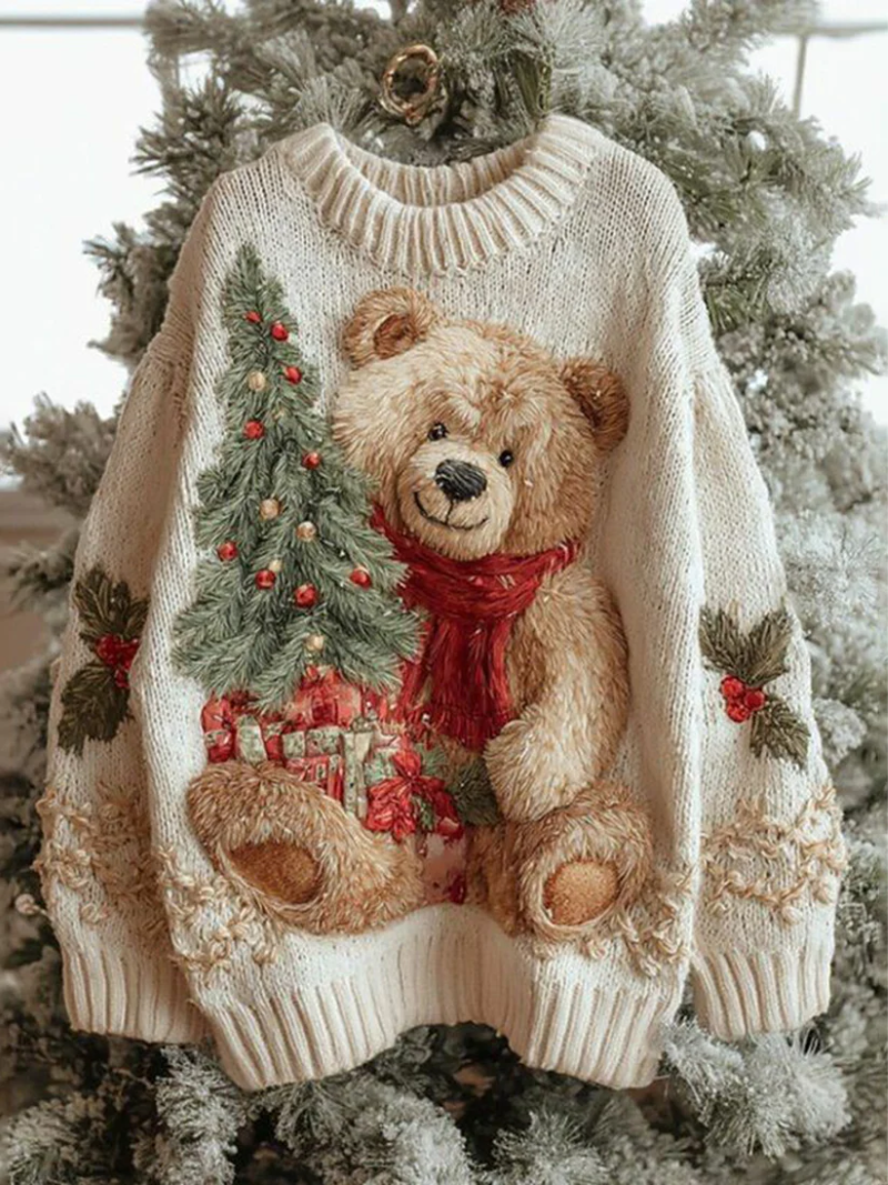 Serafina Christmas jumper in cream with textured teddy bear, tree and gifts