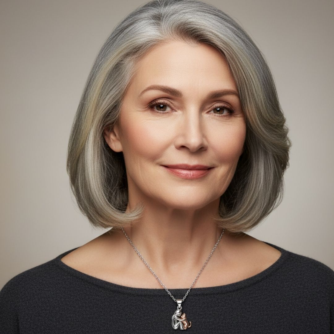 Woman wearing the Islara cat-shaped necklace with a dark top