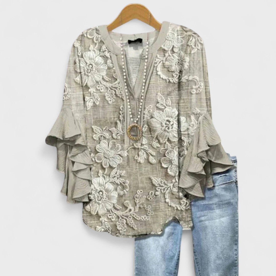 Seliore blouse in light brown with white floral pattern, front view