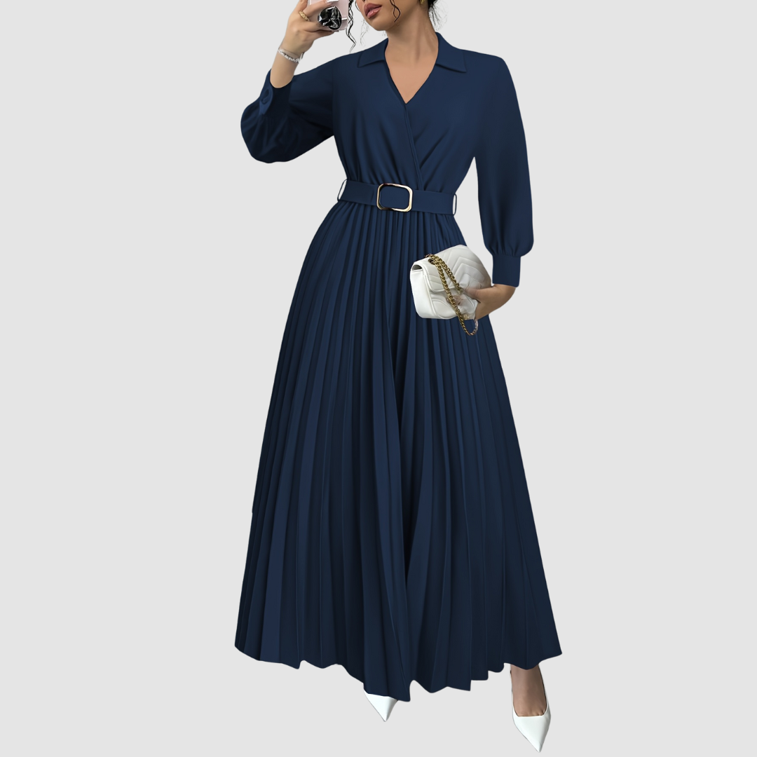 Margot Lane pleated maxi dress in navy blue, full-length front view