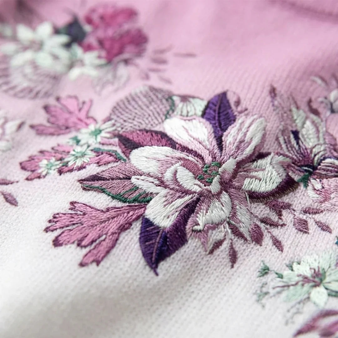Alba jumper in lilac, close-up of floral detail on the knit