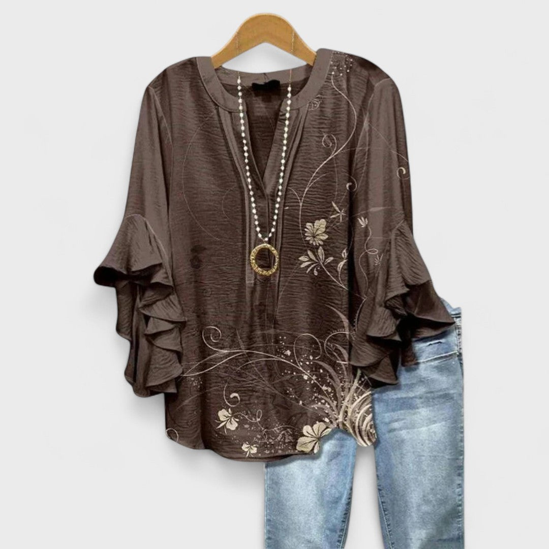 Seliore blouse in brown with floral detail, front view