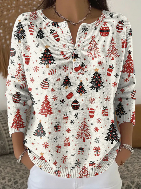 Madison festive sweater in snow white with red and black Christmas tree print, front view