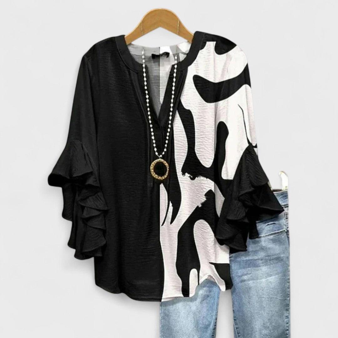 Seliore blouse in black and white abstract print, front view